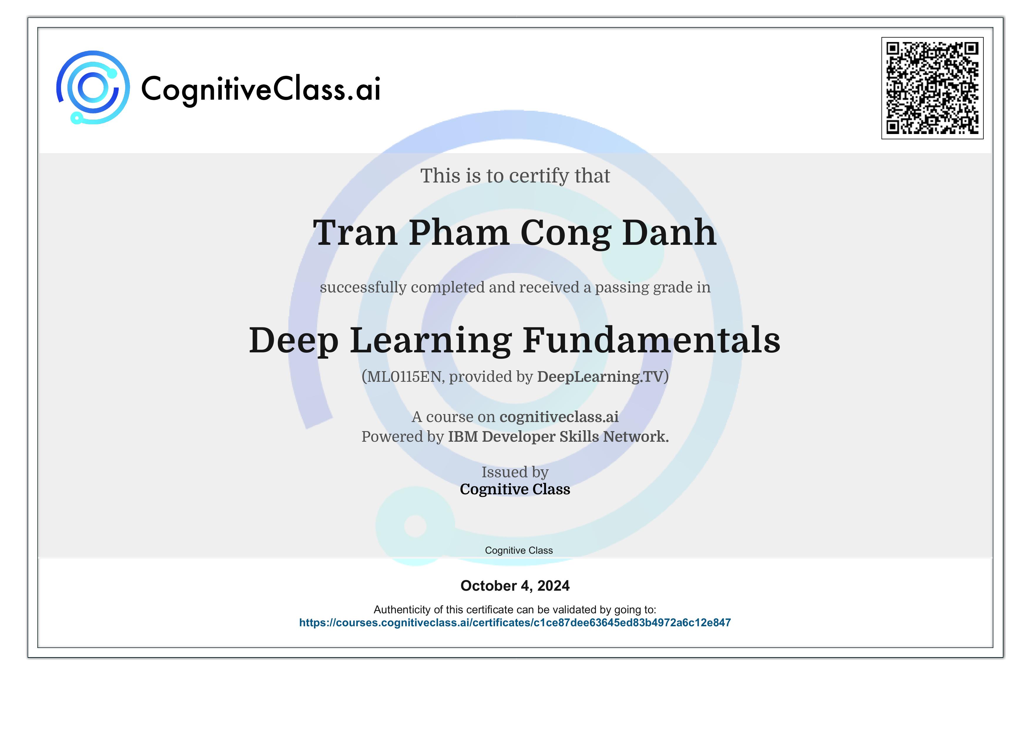 Deep Learning Fundamentals certificate