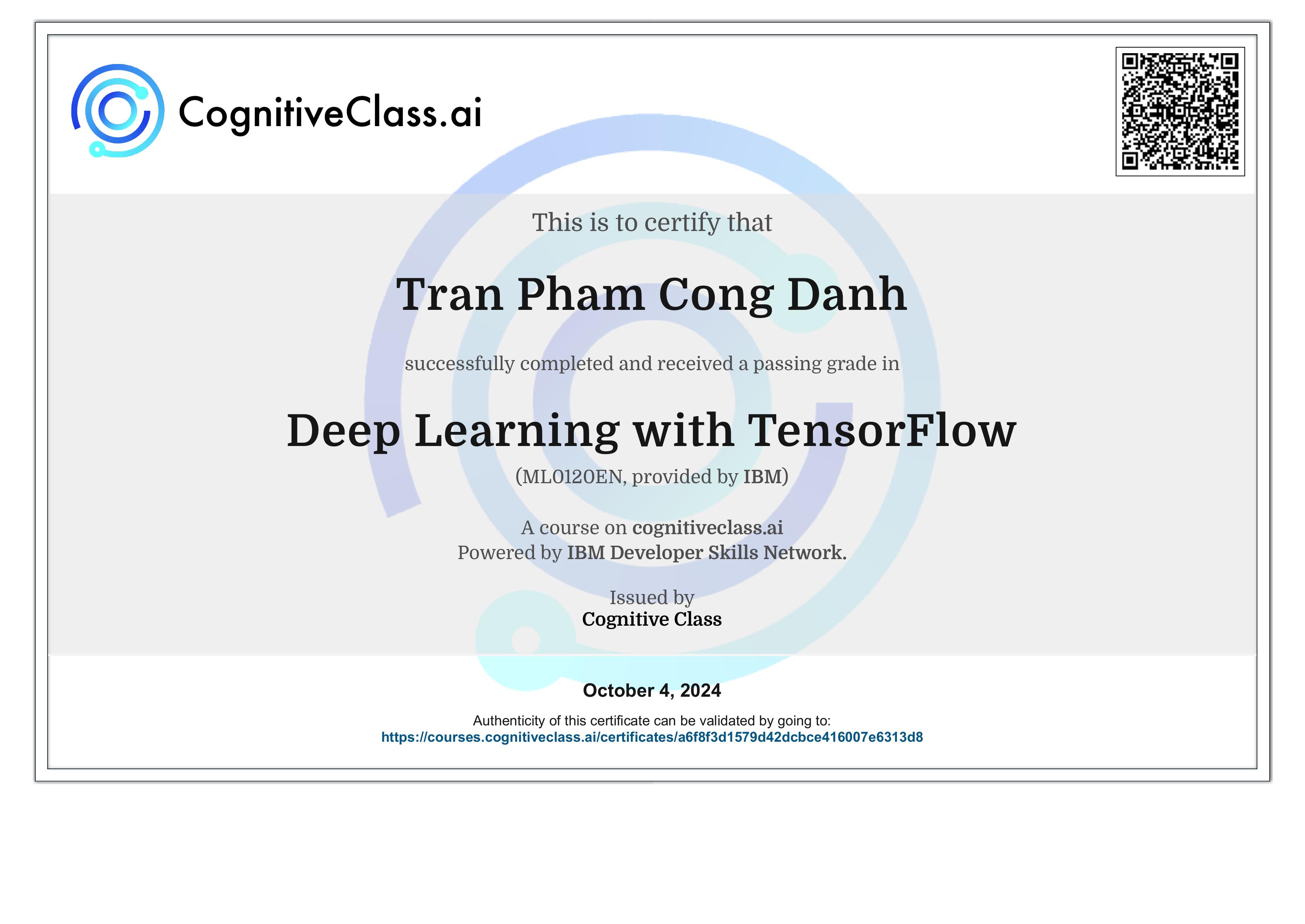 Deep Learning with TensorFlow certificate