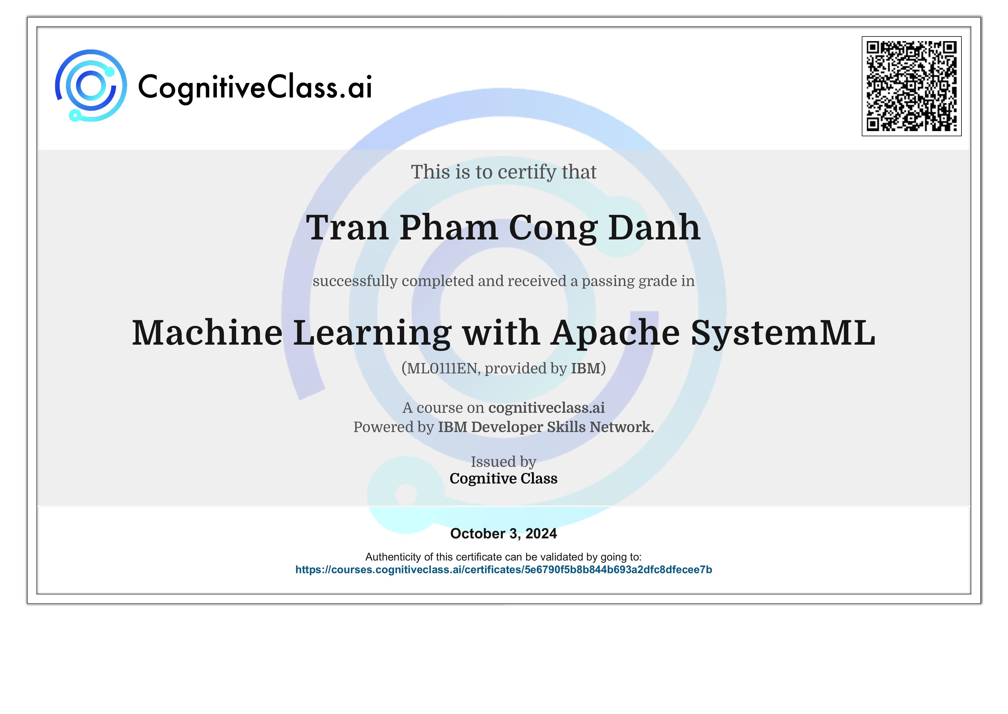 Machine Learning with Apache SystemML certificate