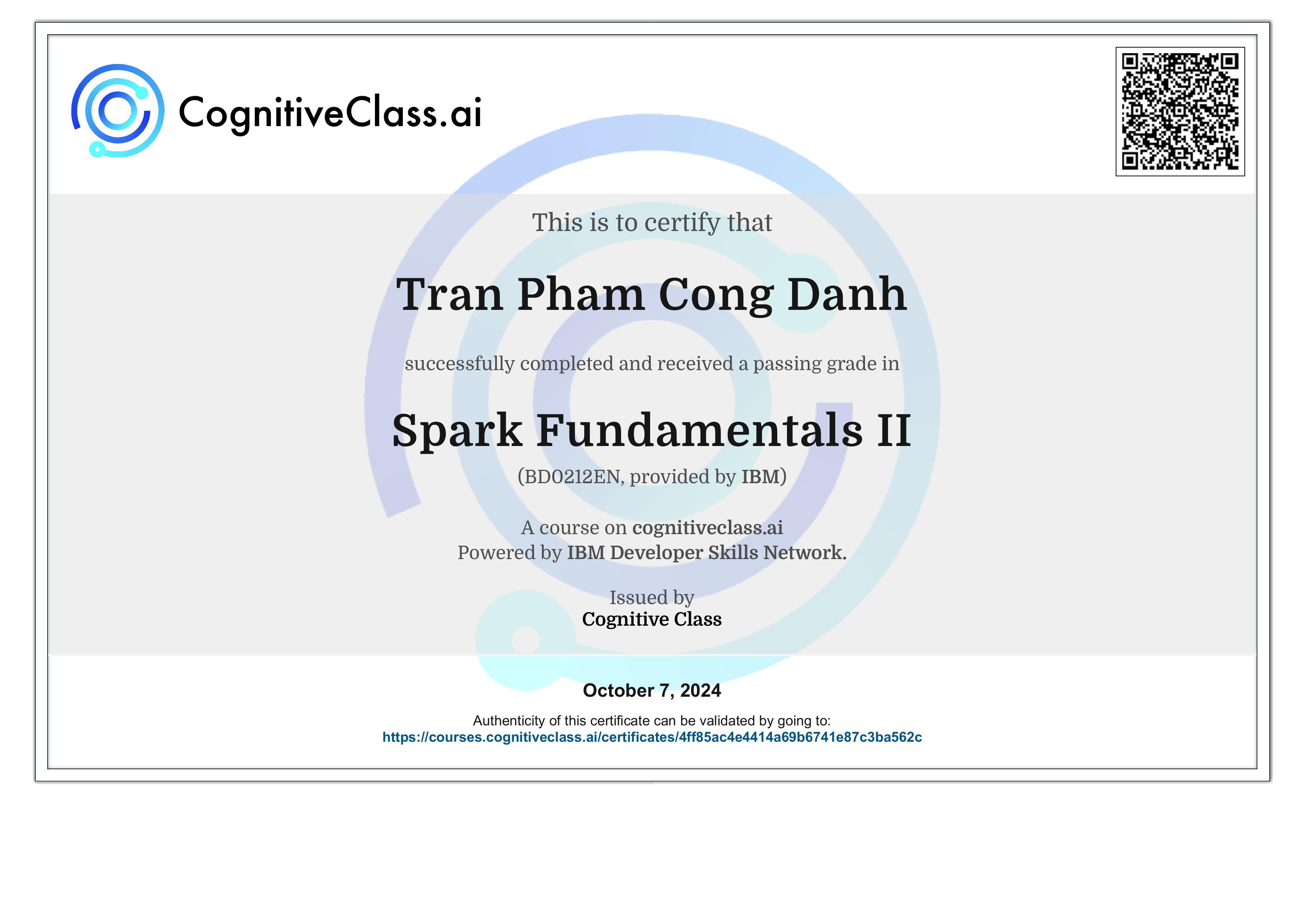 Spark Fundamentals II certificate