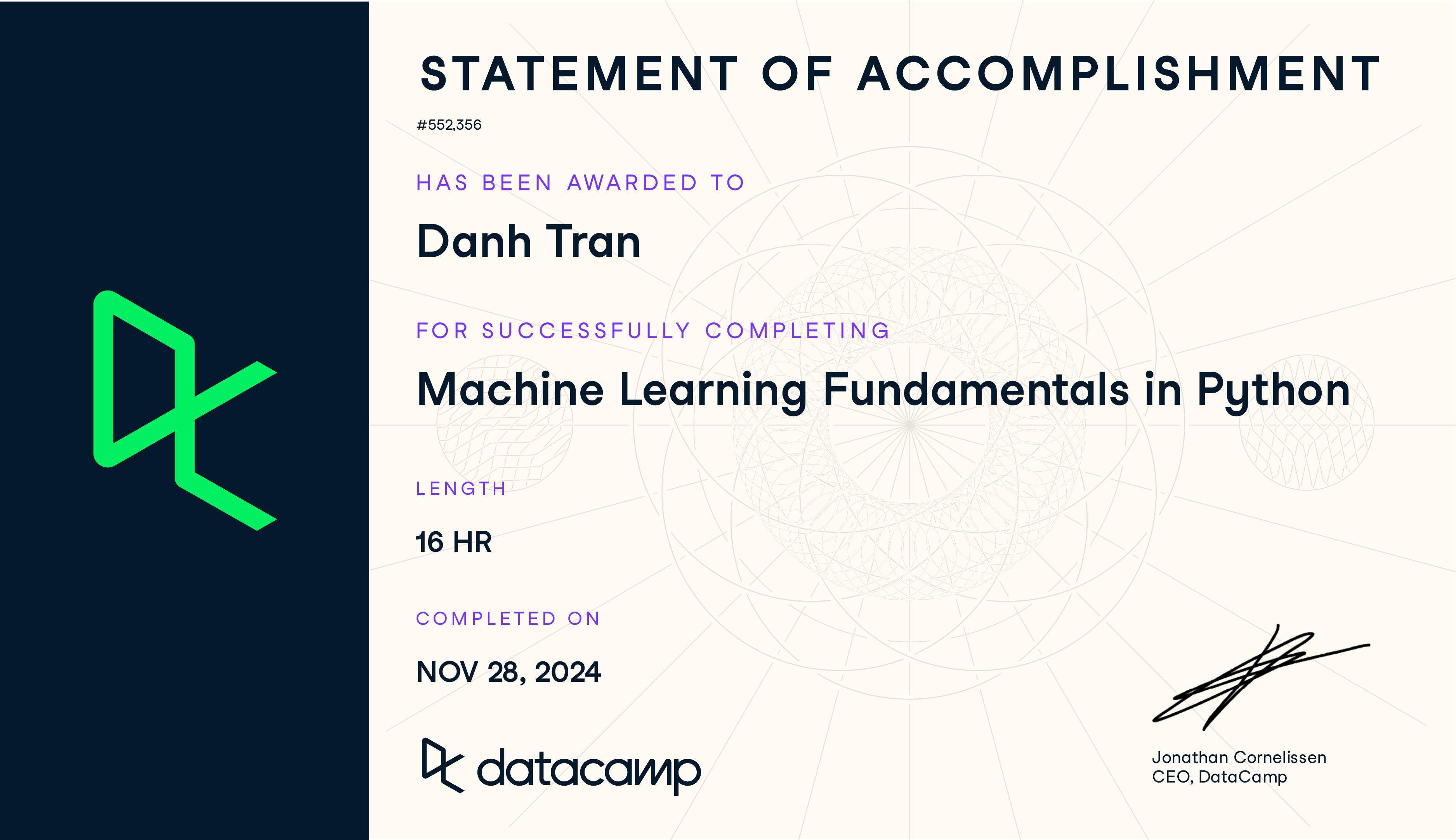 Machine Learning Fundamentals in Python certificate
