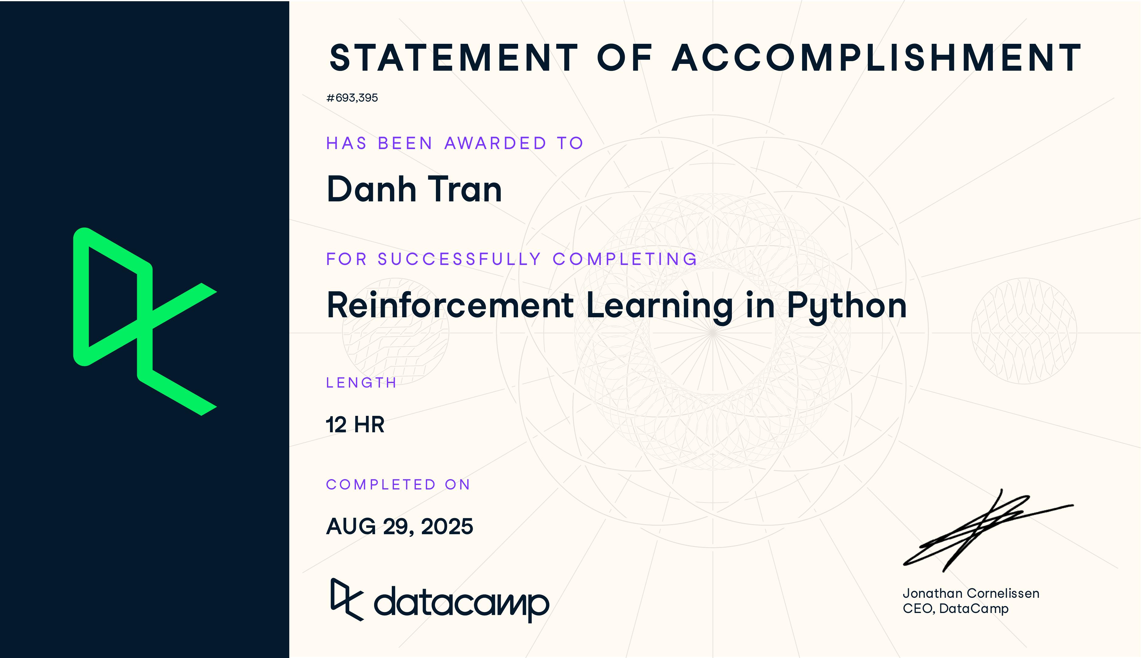 Reinforcement Learning in Python certificate