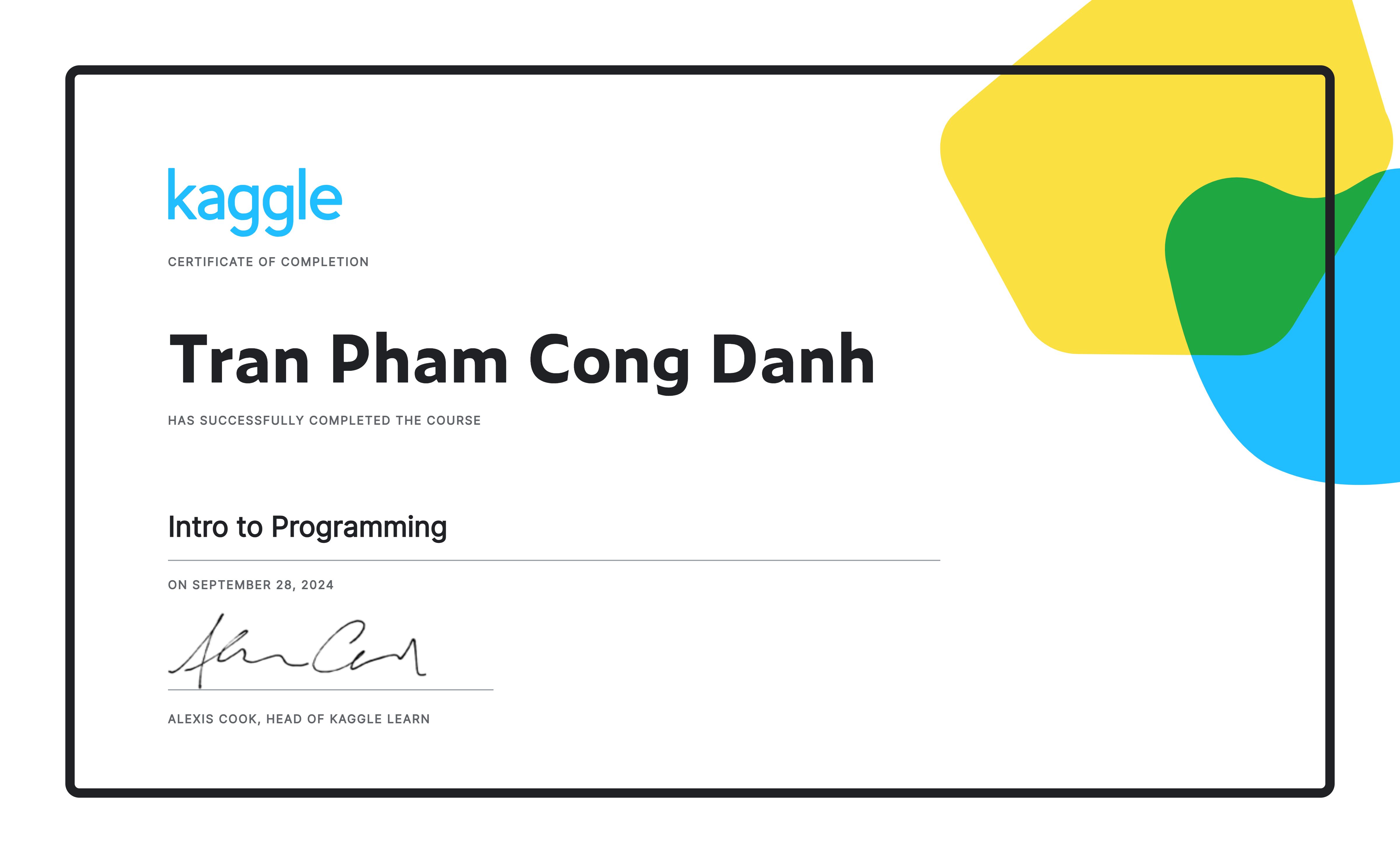Intro to Programming certificate