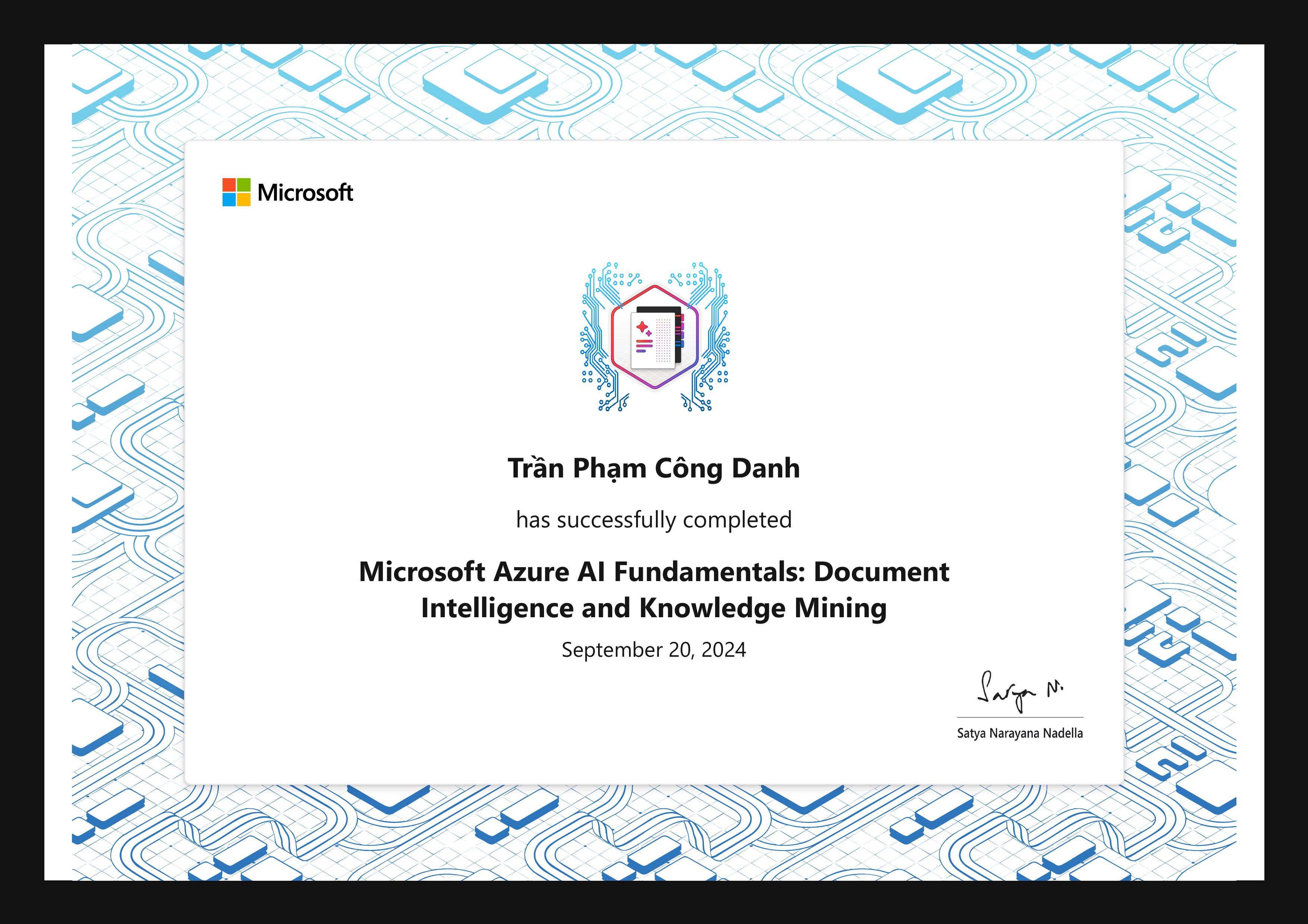 Microsoft Azure AI Fundamentals: Document Intelligence and Knowledge Mining certificate
