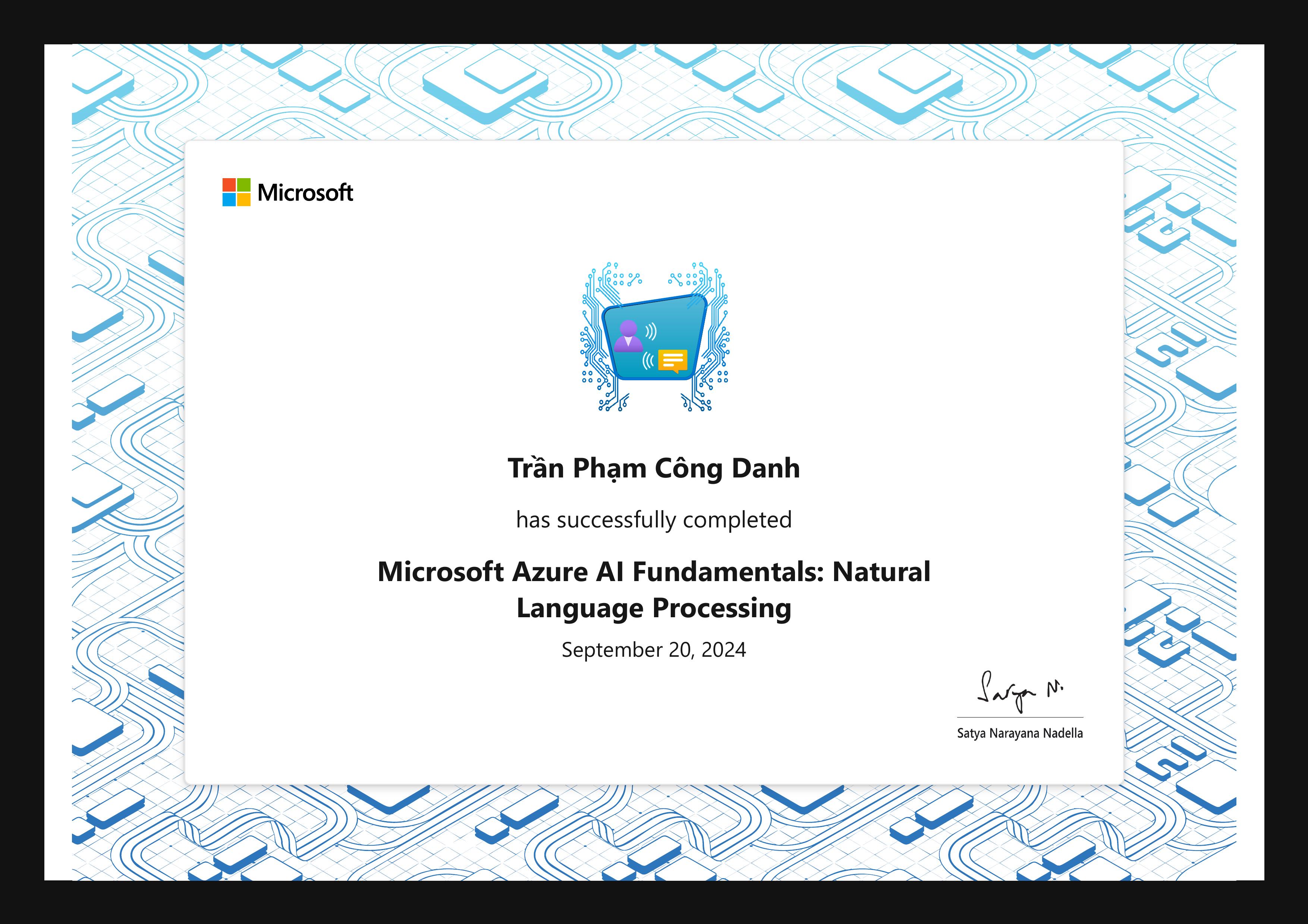 Microsoft Azure AI Fundamentals: Natural Language Processing certificate
