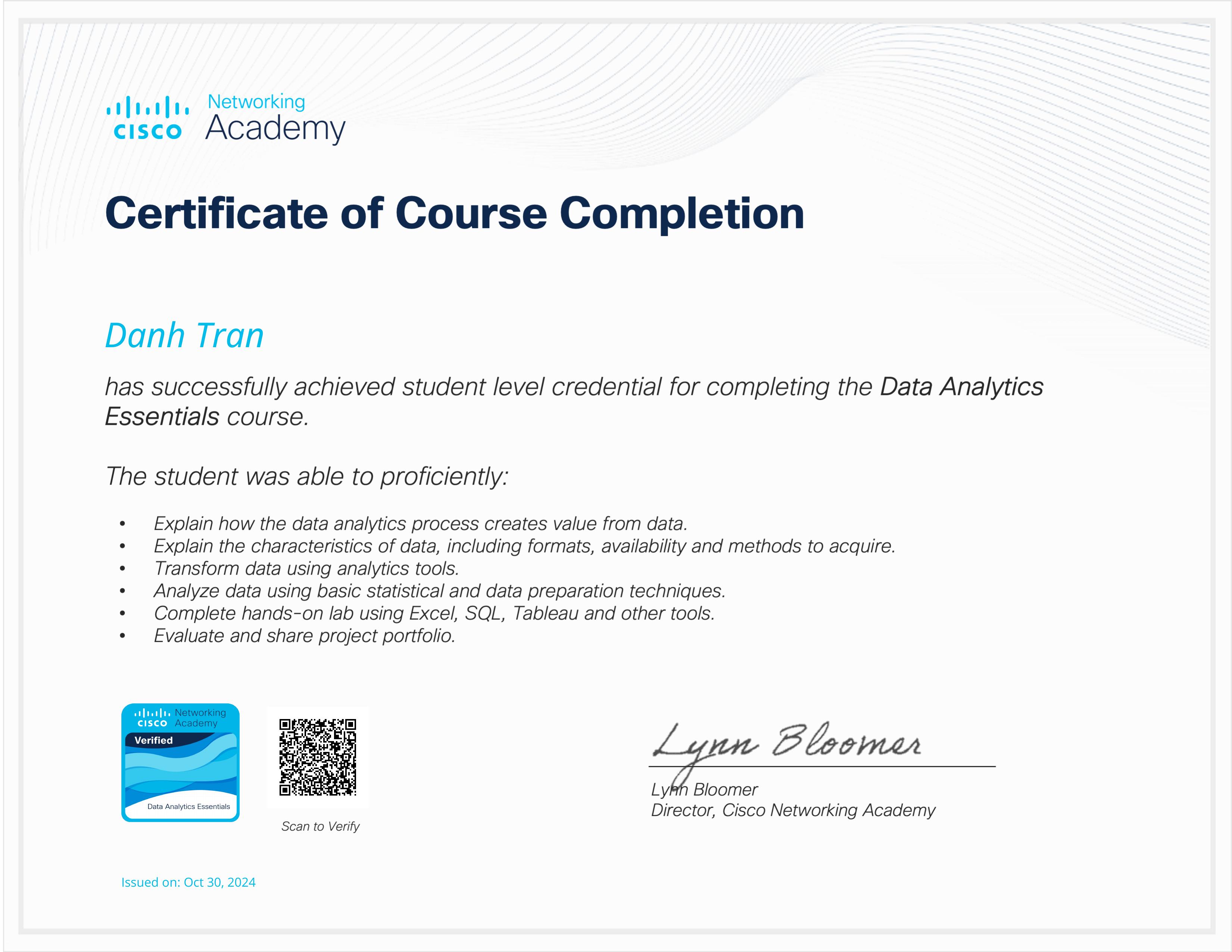 Data Analytics Essentials certificate