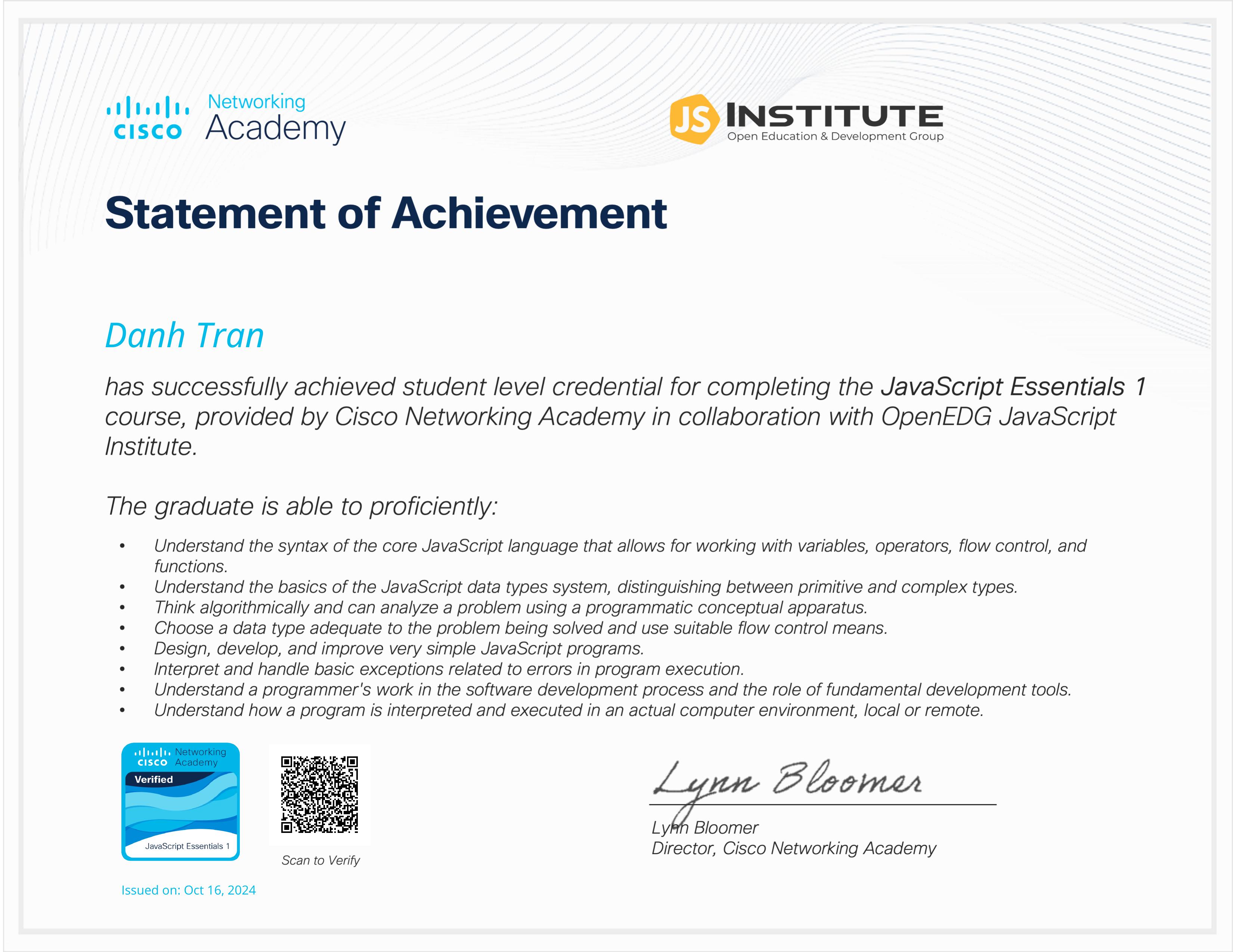 JavaScript Essentials 1 certificate
