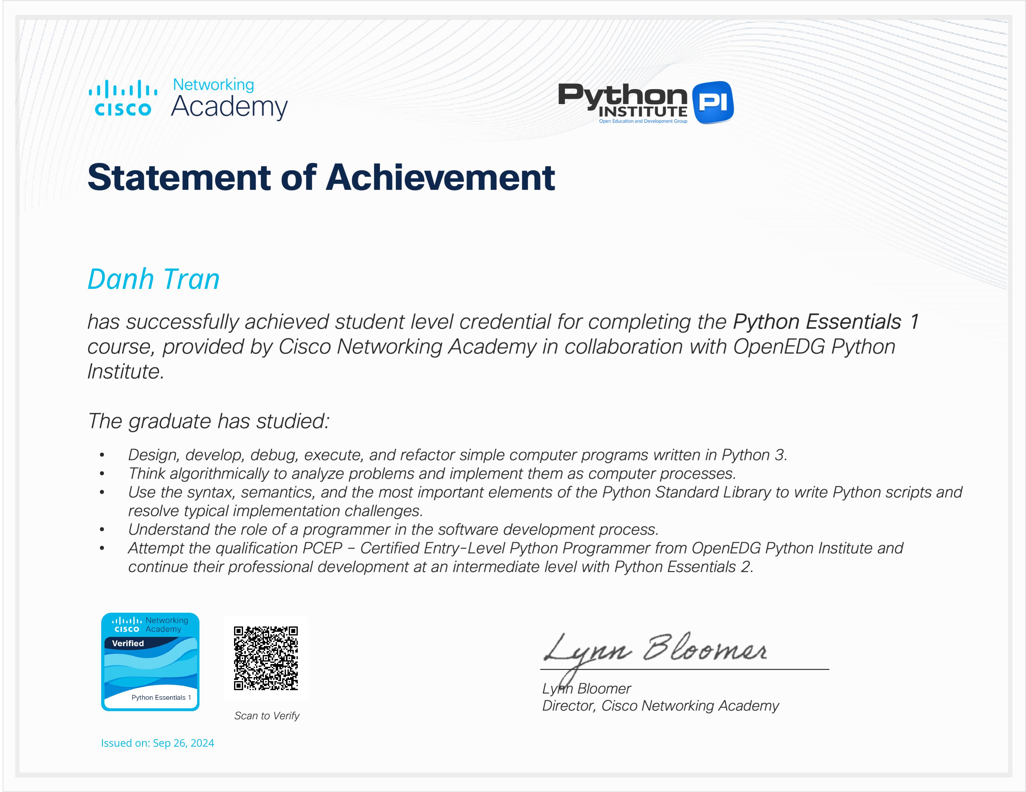 Python Essentials 1 certificate
