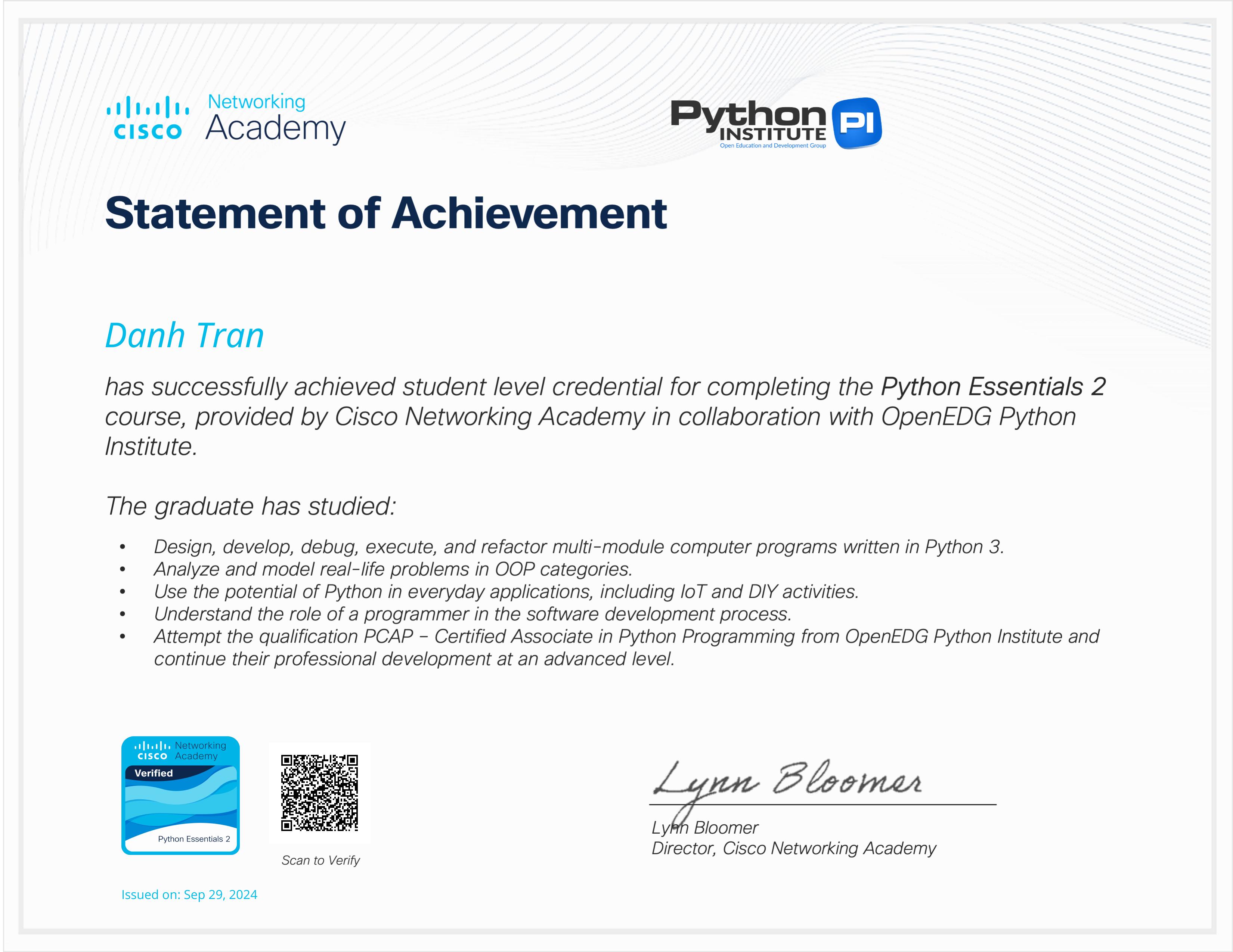 Python Essentials 2 certificate