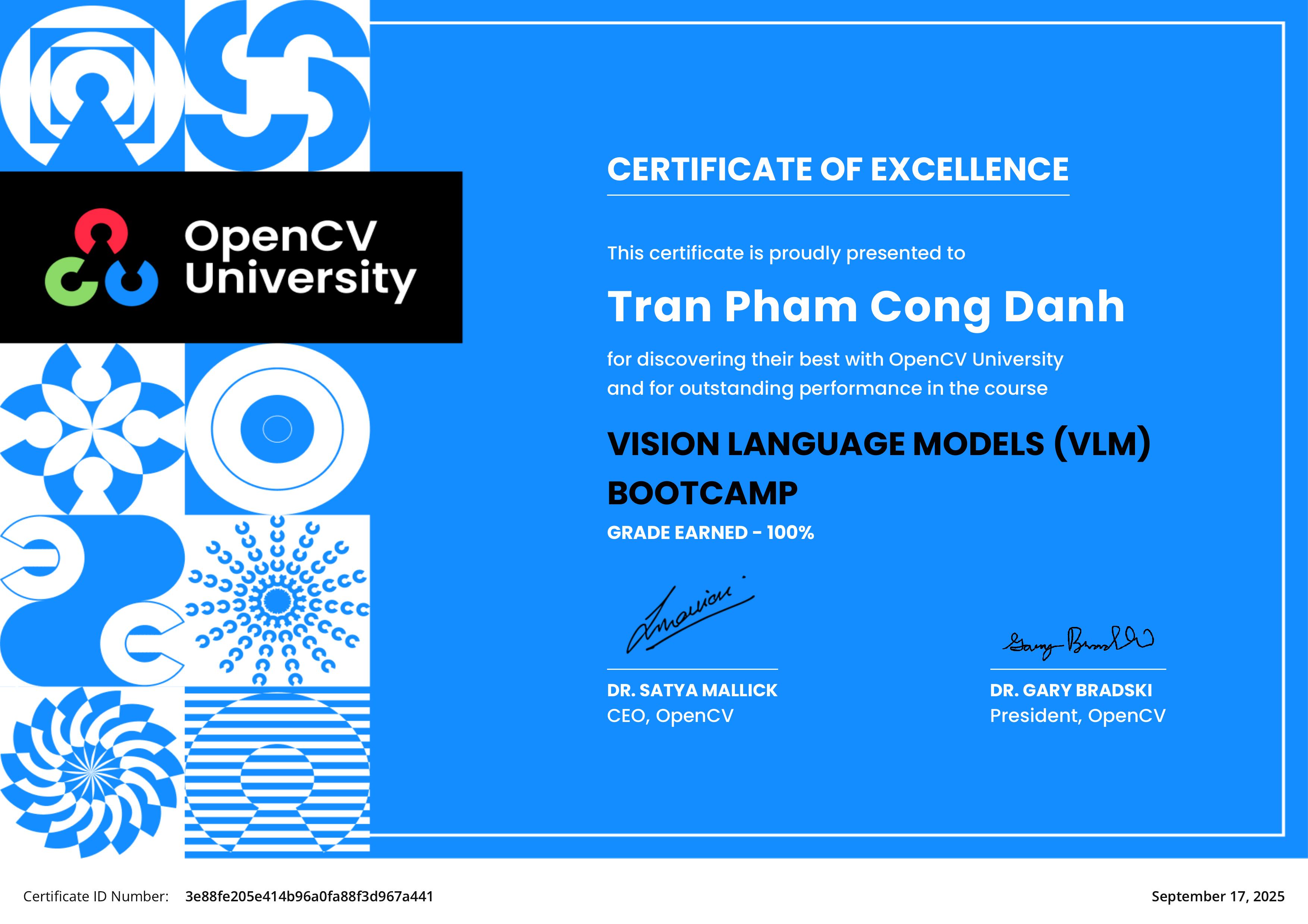 Vision Language Model Bootcamp certificate